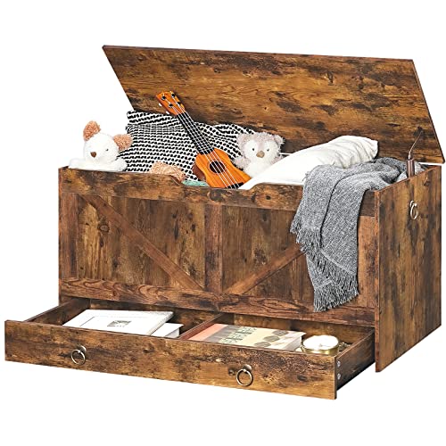 HOOBRO Storage Chest, Storage Trunk with Drawer, Wooden Storage Bench, Sturdy Entryway Bench Supports 220 lb, Shoe Bench, Safety Hinge, U-Shaped Opening, Easy Assembly, Rustic Brown FG710CW01 HOOBRO