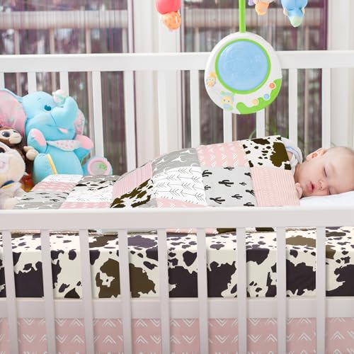 Hahafelt 3 Piece Patchwork Western Crib Bedding Set for Boys Girls Cow Cactus Print Baby Bedding Barnyard Western Nursery Decor Soft Baby Bed Set Includes Quilt Fitted Crib Sheet Bed Skirt (Cowgirls) Hahafelt