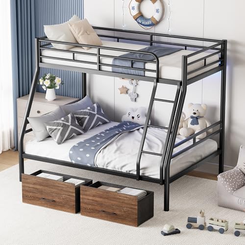 PVWIIK Bunk Bed Twin Over Full with Storage Drawers and LED/Metal Bunk Bed Frame w/Under-Bed Storage for Dormitory,Living Room,Bedroom,Kids,Black PVWIIK