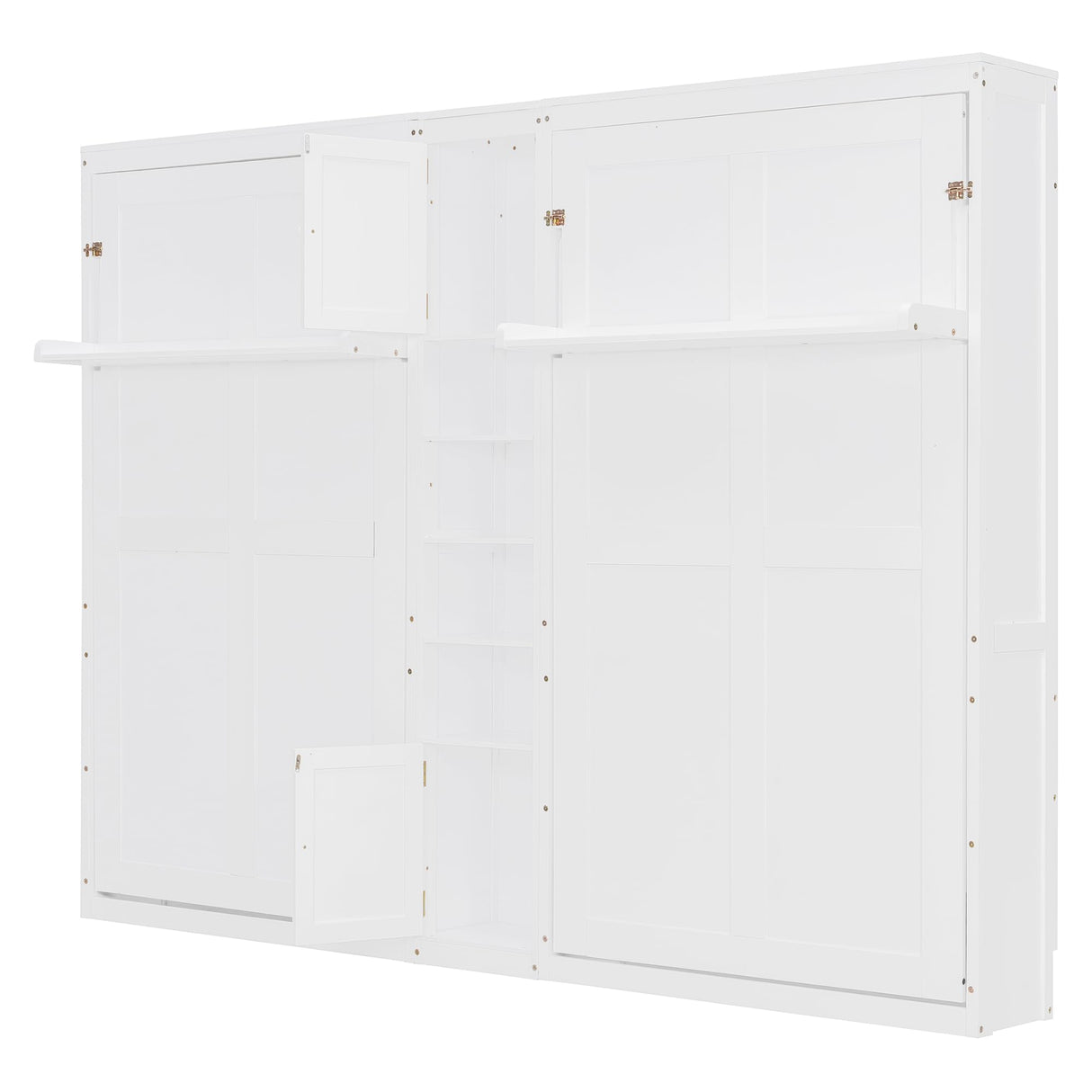 SOFTSEA Twin and Twin Size Dual Murphy Bed with Cabinets and Shelves, Hideaway Platform Bed Frame with 2 Cabinets, 2 in 1 Design, for Home Guest Room, White SOFTSEA
