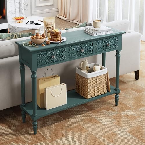 3More Entryway Console Table with 3 Drawers,42" Carved Hallway Table with Open Shelf,Long Sofa Table for Living Room, Hallway, Behind Couch,Green 3More