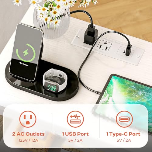 SUPERJARE Nightstand with Charging Station, Bed Side Table with Adjustable Fabric Drawer, Night Stand for Bedroom, 3-Tier Storage End Table, for Living Room, White SUPERJARE