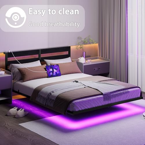 Floating Full Size Bed Frame with Headboard and Storage,Metal Platform Bed Frame Full Size with Charging Port and LED Lights,No Box Spring Needed,Easy Assembly,Noise Free,Heavy Duty Black Bed Frame SOLACECASA