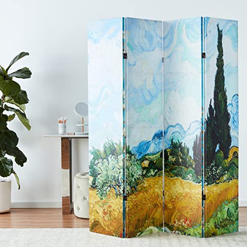 Red Lantern Double Sided Works of Van Gogh Canvas Folding Screen - Almond Blossoms/Wheat Field, 6 ft Tall - 4 Panel Red Lantern
