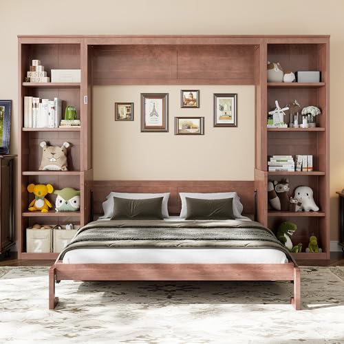 SOFTSEA Queen Murphy Bed with Desk and Storage, Wood Foldable Wall Bed Frame with Bookcase Shelves, Hidden Wall Bed Cabinet for Adult, Guest Room, Dark Brown SOFTSEA