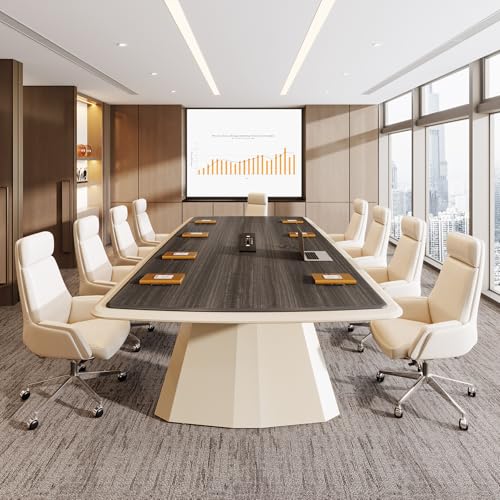 Tribesigns 7.87 ft Extra Long Conference Table for 10-12 People, Large Business Rectangle Meeting Seminar Table with Stainless Steel Base & Recessed Power Strip Socket, Gray + Khaki Tribesigns