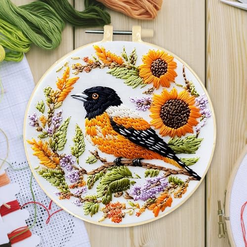 FRANDEK DIY Bird Embroidery Kit for Beginner, Stamped Handicraft Needlework Set, Full Thread Palette with Needles & Fabric for Adults, Artisan Handmade Home Decor Gift