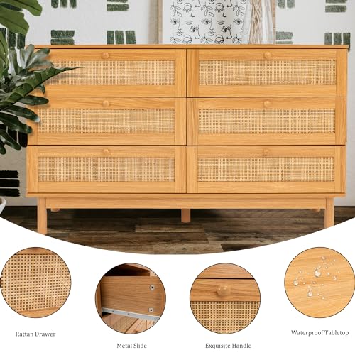 DHMAKER 6 Drawer Rattan Dresser, 48" Modern Double Dresser for Bedroom, Wide Chest of Drawers, Wood Storage Cabinet for Bedroom, Entryway, Living Room, Hallway DHMAKER