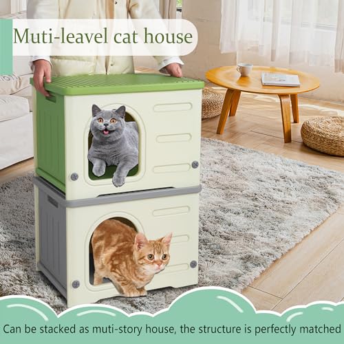 Waterproof Cat House Outdoor Indoor, Plastic Cat House for Outdoor Cats Feral Cat House Outdoor, Sturdy Cat Bed for Small Pet, Spacious, Assemble Easily -Grey Rockever