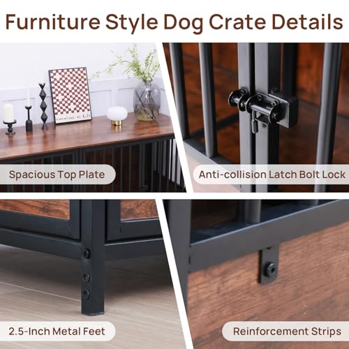 75" Wooden Dog Crate Furniture – Chew-Resistant Kennel for Medium/Large Breeds,3-Door Indoor Kennel with 3.1" Raised Feet, Multi-Functional TV Stand & End Table (Brown, 75 * 26.3 * 32.1 inch) walnest