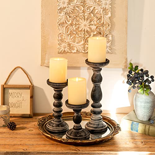 Wooden Candle Holders for Pillar Candles - Tall Rustic Candle Holder (Set of 3), Large Farmhouse Candle Holders Candle Stand, Pillar Candle Holder Set for Table Centerpiece, Fireplace, Home, Black Inweder