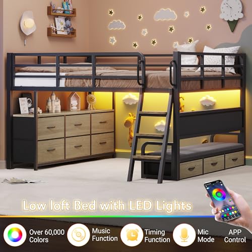 busyaeh Low Loft Bed Full Size,Full Loft Bed for Kids with 9 Storage Drawers & 15.8" H Safety Guardrail & Inclined Ladder & Safety Handrail & LED Lights and Charging Station,Toddler Loft Beds,Oak Gray busyaeh