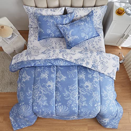 Flysheep Botanical Bed in a Bag Twin Size 6 Pieces, Reversible Blue and White Flower Printed Comforter Bedding Set (1 Comforter, 1 Flat Sheet, 1 Fitted Sheet, 2 Pillow Shams and 1 Pillowcase) Flysheep