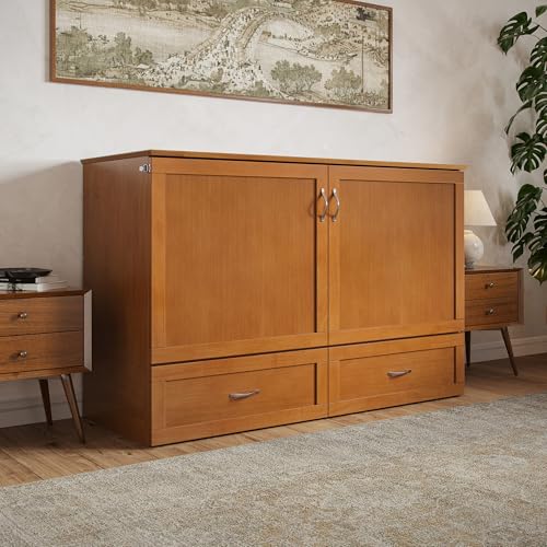 AFI Hamilton Queen Murphy Bed Chest with Mattress, Storage, and Built-in Charger in Light Toffee AFI