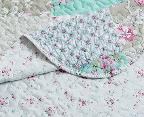 Brilliant Sunshine Blue and Green Rose Patchwork, 2-Piece Quilt Set with 1 Sham, Reversible Bedspread, Soft Lightweight Coverlet, All-Season, Twin, Blue Green Brilliant Sunshine