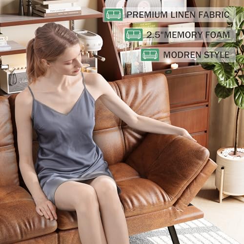 Opoiar 71" L Covertible Futon Sofa Bed,Faux Leather Futon Couch, Memory Foam Modern Loveseat Sleeper, Small Splitback Sofa Couches for Living Room,RV,Home Office,Apartment,Brown Opoiar