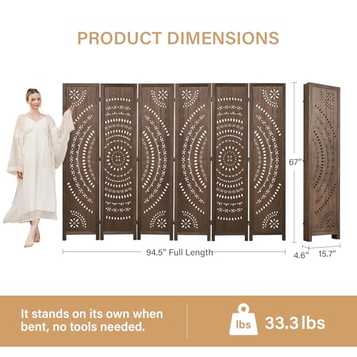 5.6 Ft Folding Room Divider, Portable Privacy Screen & Partition, No Assembly Required for Use as Cat Litter Box Cover, Clutter Hider, Room Separator, 6 Panels (Brown) Svimi