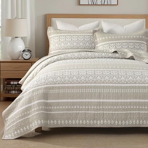 Qiqiong Boho Quilt Set Queen Size - 100% Cotton Boho Striped Quilt Bedding Set - Beige and White Bohemian Quilt Set with Shams 3 Piece - All-Season Lightweight Coverlet & Bedspread Set Qiqiong