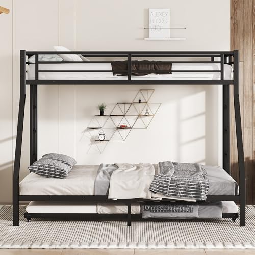 Bellemave Metal Twin XL Over Queen Bunk Beds with Trundle,Heavy Duty Bunk beds Frame for Adults,Kids,Teens,Space-Saving,Black Bellemave