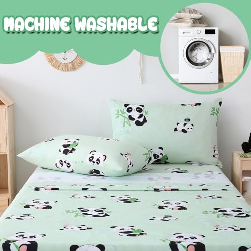 Yibeizi Twin Sheets Set Kids, Sage Green Panda Pattern Microfiber Single Bed Sheets, Cute Soft Oeko-Tex Extra Deep Pocket Sheets & Pillowcases Cooling Hypoallergenic Wrinkle Free Bedsheets Yibeizi