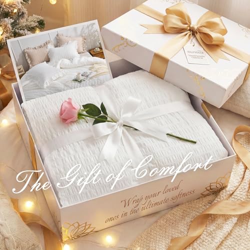 JOLLYVOGUE King Size Comforter Set, White Seersucker 3 Pieces Comforters King Size, Lightweight & Fluffy Bedding Sets King for All Season with 1 Ruffle Comforter and 2 Ruffle Pillowshams JOLLYVOGUE