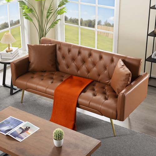Anwick 72" Modern PU Leather Sofa Bed Futon,Convertible Folding Sleeper Bed Couches with 3 Adjustable Backrests,Tufted Recliner Loveseat with Golden Chrome Legs for Small Living Room Office (Brown) Anwick