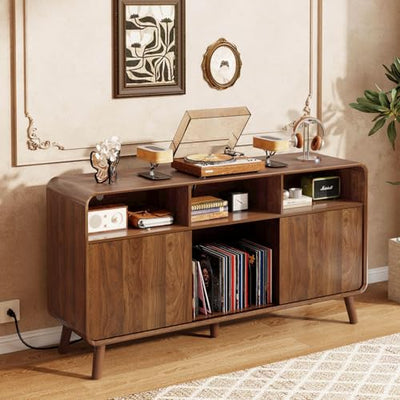 Nasonet Record Player Stand with Vinyl Storage Cabinet, 55'' Large Mid Century Modern Turntable Cabinet with Charging Station & USB Ports, Curved Wood Stereo Cabinet for Living Room, Walnut