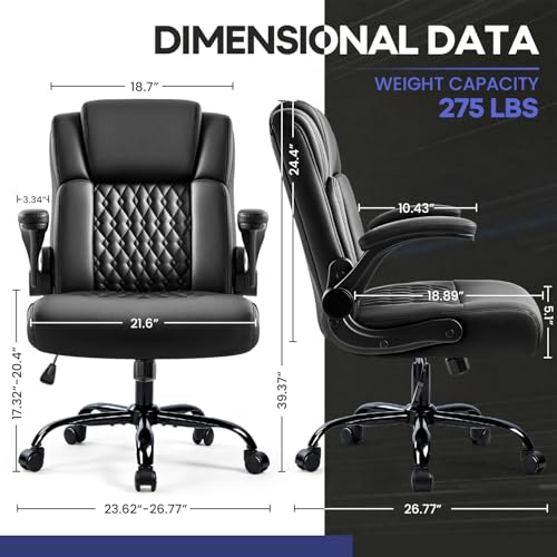 OFIKA Leather Office Desk Chair,Ergonomic Office Chair with Lumbar Support,Computer Chair,Executive Leather Chair with Padded Flip-up Arm,Adjustable Armrests, Black,275LBS OFIKA