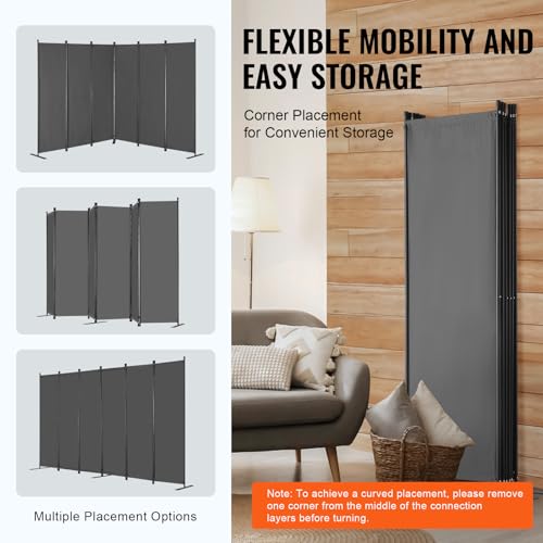 VEVOR Room Divider, 6 Panel Room Divider, Folding Privacy Screen and Portable Partition Divider for Room Separation, Freestanding Room Partitions for Office, Bedroom, Study, Grey VEVOR