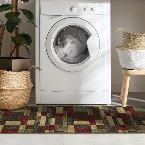 Machine Washable Boxes Design Non-Slip Rubberback 3x10 Traditional Runner Rug for Hallway, Kitchen, Bedroom, Living Room, 2'7" x 9'10", Boxes Multicolor Ottomanson