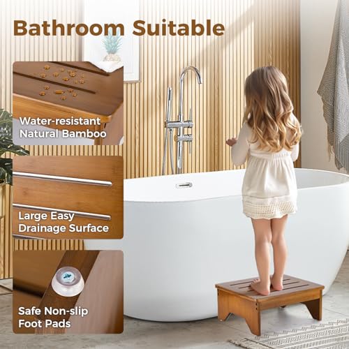 StrongTek Bamboo Step Stool, Wooden Step with Non-Slip Bottom for Safety, Lightweight and Sturdy Footstool for Kitchen, Bedroom, Living Room, Perfect for Adults, Kids, Seniors, and Toddlers (Walnut) StrongTek