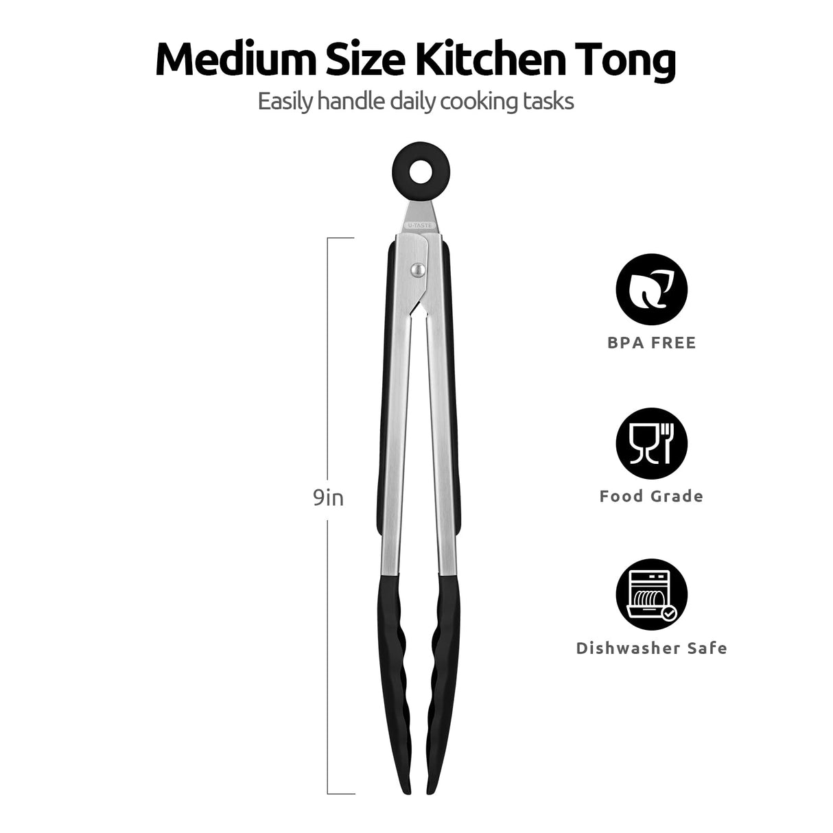 600ºF Heat Resistant Kitchen Tongs: U-Taste 9 inch Silicone Cooking Tong with Firm Sealed Non Stick Rubber Tips & Silicon Coated 18/8 Stainless Steel Handle & Smooth Locking for Serving Salad (Black) U-Taste