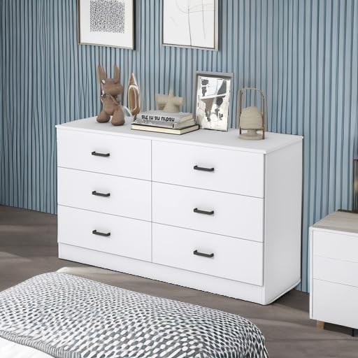 Bigbiglife Wood Dresser for Bedroom, 6 Drawer Double Dresser, Modern Chest of Drawers with Deep Drawers, Large Storage Organizer for Living Room, Closet,15.8" D x 47.2" W x 27.7" H (White) Bigbiglife