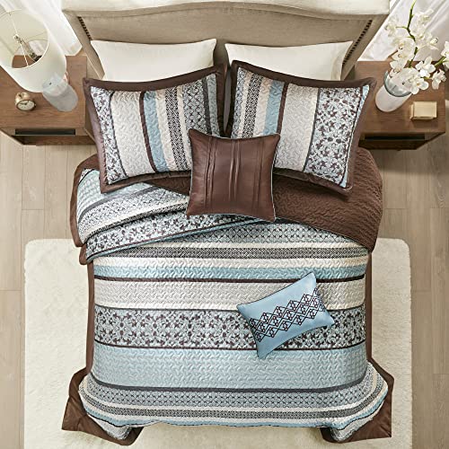Madison Park Princeton Reversible Quilted Bedspread Set, Solid Reverse Summer Breathable, Lightweight All Season Bedding Layer, Matching Shams, Bedspread King(120"x118"), Blue 5 Piece Madison Park