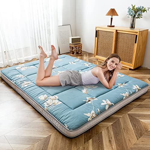 MAXYOYO Floral Printed Futon Mattress, Padded Japanese Floor Mattress Quilted Bed Mattress Topper, Extra Thick Folding Sleeping Pad Breathable Floor Lounger Guest Bed for Camping Couch, Queen Size MAXYOYO