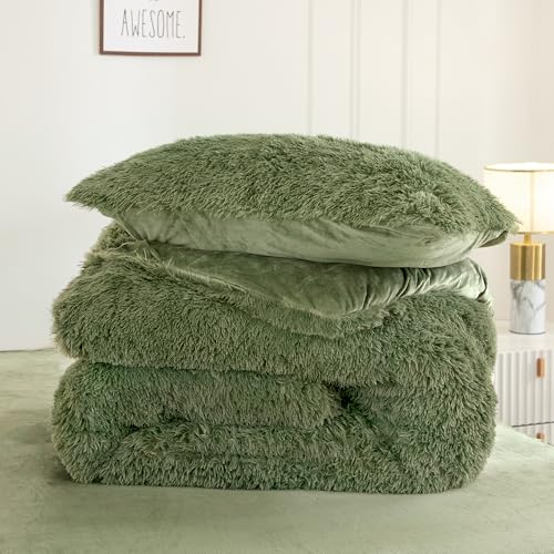 Andency Faux Fur Sage Green Comforter Set Queen Size, 3 Pieces Fluffy Fuzzy Plush Bedding Comforter Set (1 Shaggy Velvet Comforter & 2 Pillowcases), Soft Puffy Comfy Down Comforter Bedding Set