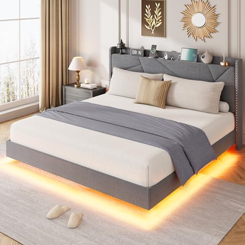GarveeHome Queen Floating Bed Frame with LED Lights & Charging Station, Upholstered Platform Beds with Storage Headboard & Folding Shelves Storage, Metal Slats Support, No Box Spring Needed, Grey GarveeHome