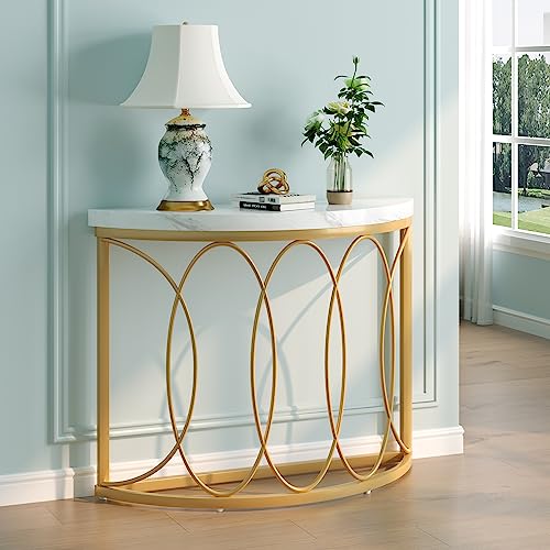 LITTLE TREE Half Moon Gold Console Table, 43 Inch Modern Faux Marble Entryway Table, Narrow Semi Circle Sofa Accent Table with Geometric Metal Frame for Living Room, Hallway LITTLE TREE