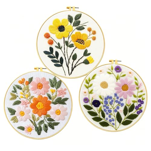Zhenqing 3-Pack Floral Embroidery Kit for Beginners with Printed Patterns - Complete Embroidery Set with Hoop, Threads, Cotton Fabric & Tools for Home Decor (C0153)