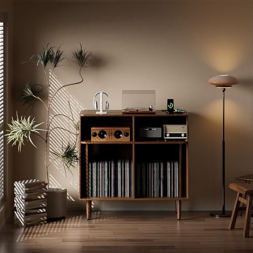 Record Player Stand with Vinyl Storage, Mid Century Modern Vinyl Storage Cabinet with Power Outlet and Sliding Doors, Turntable Stand Table Holds Up to 350 Albums for Living Room (walnut, 31.5"W) tauxkoi