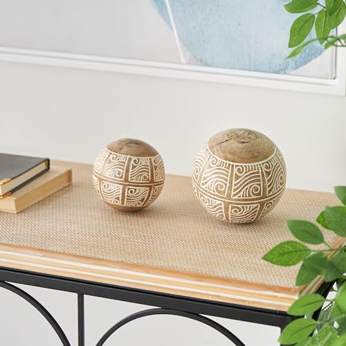 Deco 79 Mango Wood Handmade Decorative Ball Orbs & Vase Filler with Carved Tribal Patterns, Set of 2 5", 4" W, Cream Deco 79
