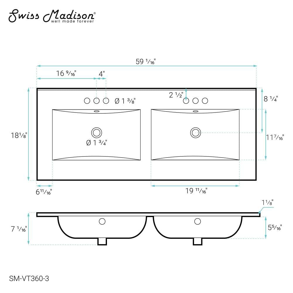 60" Vanity Top Bathroom Sink with 3 Holes Swiss Madison