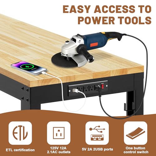 Antifir 48" Heavy Duty Workbench 1800 Lbs Capacity Solid Wood Working Bench Adjustable Height Rolling Work Tables with Power Outlets for Garage Shop Home Office Antifir