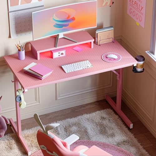 Bestier Small Gaming Desk with Monitor Stand, 42 inch LED Computer Desk, Gamer Workstation with Cup Holder & Headset Hooks, Modern Simple Style Desk for Home Office, Carbon Fiber Pink Bestier