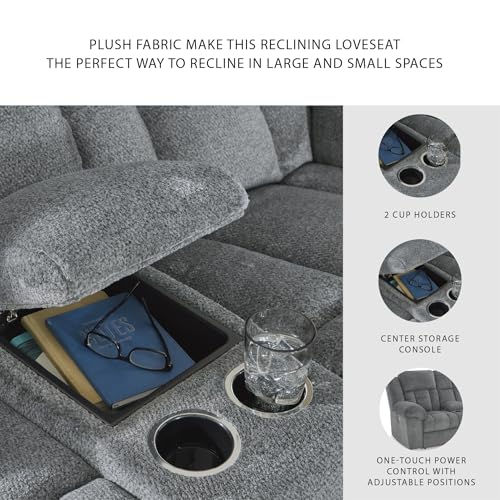 Signature Design by Ashley Tip-Off Modern Wall Hugger Power Reclining Loveseat with Adjustable Headrest, USB Ports, Storage and Cup Holders, Gray Signature Design by Ashley