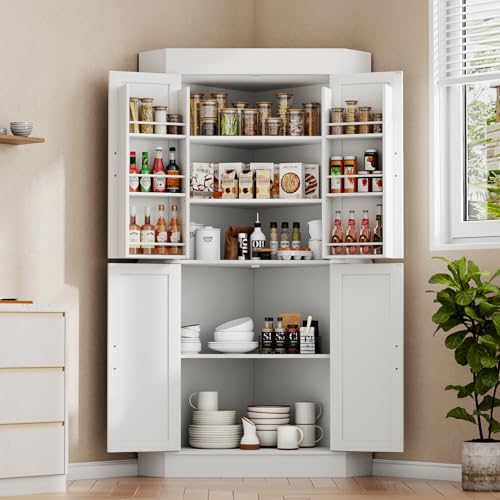 Gyfimoie Corner Cabinet,Kitchen Pantry Storage Cabinet,Freestanding Buffet Hutch with 4 Doors and Shelves,Tall Food Pantry Farmhouse Furniture with Side Rack for Kitchen Dining Room (White) Gyfimoie