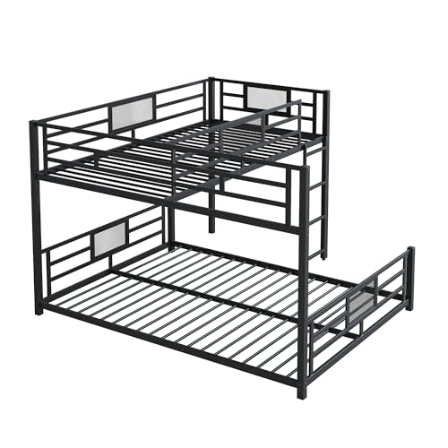 Merax L-Shaped Metal Twin Over Full Size Bunk Bed, with Staircase, Loft Platform Save Space No Box Spring Required, Black Merax