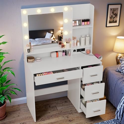 Furmax Vanity Desk with LED Lighted Mirror&Power Outlet, 39.3’’ Makeup Vanity Table with 4 Drawers and 3 Storage Shelves, Adjustable 3 Lighting Color for Bedroom&Dressing Room (White) Furmax