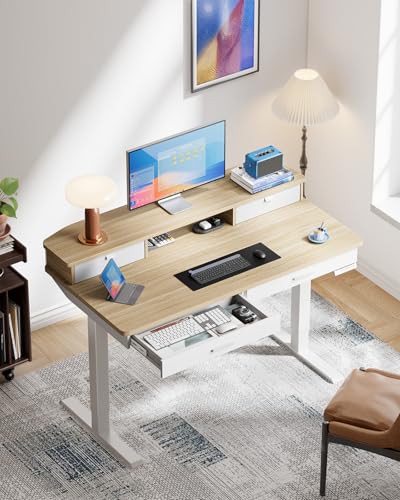 HUANUO 55 x 30 inch Electric Standing Desk with Wood Drawers, Adjustable Height Sit Stand Home Office Desk with Two Tiers, Ergonomic Adjustable Stand up Desk C-Clamp Monitor Mount Compatible, Natural HUANUO