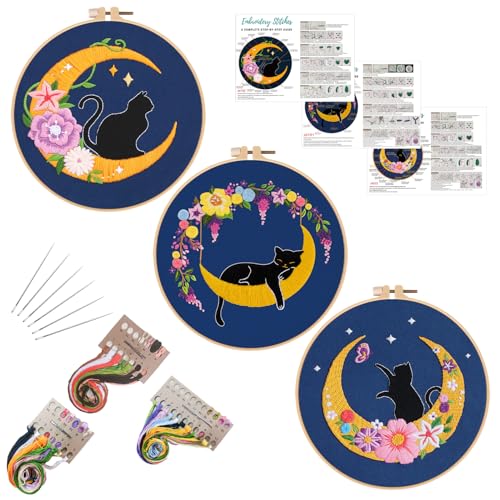 Louise Maelys 3 Sets Cat Moon Embroidery Kits for Beginners with Floral Pattern, Cross Stitch Kit for Adults, DIY Needlepoint for Starter